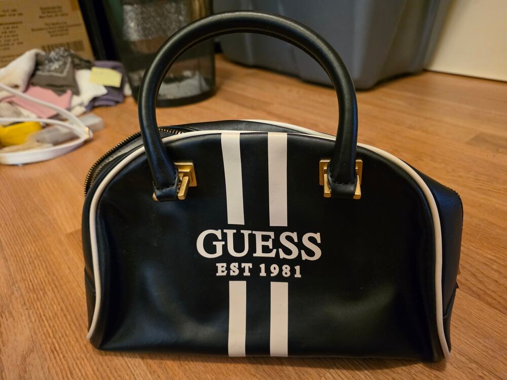 GUESS Mildred Bowler Satchel Bag Black White Stripe Retro Sporty Gold Hardware